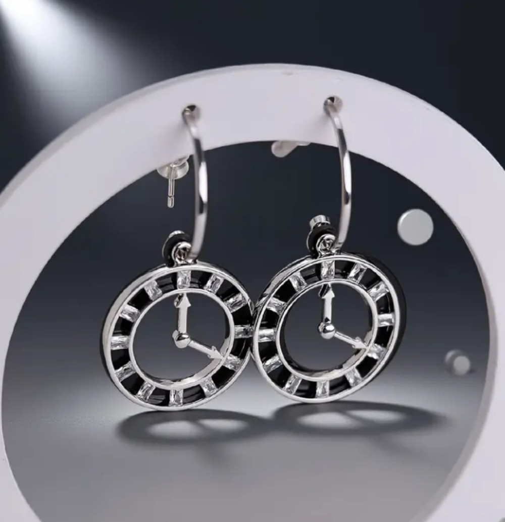 Silver and Black Hoop Clock Earrings